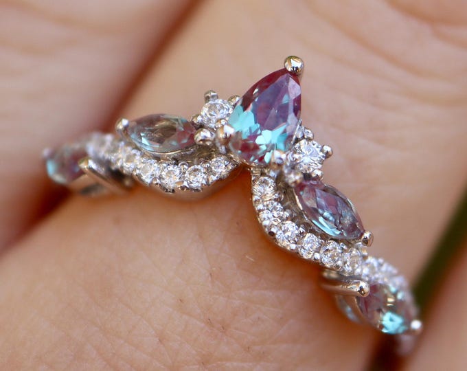 Color Change Purple Blue Teal Alexandrite with Moissanite Sterling Silver Contour Wedding Band
