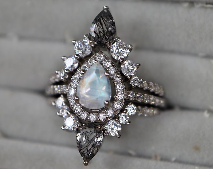 Pear Genuine Moonstone Black Rutile Halo Engagement 3 Ring Set- Teardrop Halo 1ct Rainbow Moonstone Black Quartz Bridal Gothic Ring for Her