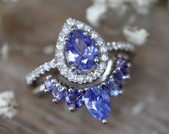Teardrop Tanzanite Bridal 2 Silver Ring- Pear Blue Tanzanite Wedding Ring- Halo Bridal Rose Gold Wedding Ring Set- December Birthstone Ring