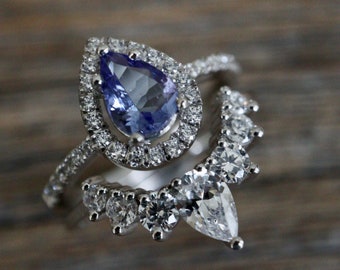 Genuine Tanzanite Teardrop Engagement Ring Set- Natural Tanzanite Pear Promise Ring- Halo Tanzanite Bridal Ring Set-December Birthstone Ring