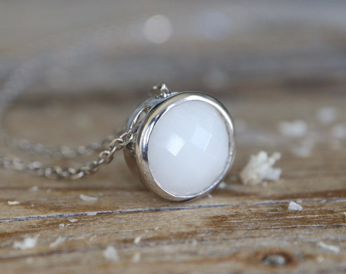 Genuine White Agate Round Sterling Silver Slider Necklace- White Gemstone Bezel Minimalist Necklace- White Bridal Necklace for Her