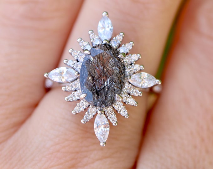 Oval Salt Pepper Quartz Halo Solitaire Sterling Silver Ring