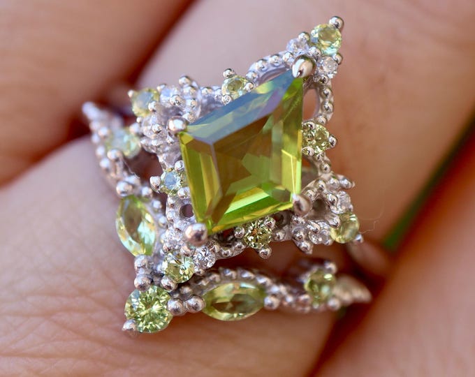Kite Peridot Halo Lace Engagement Sterling Silver Vintage 2 Rings- Marquise Green Yellow Wedding Rose Gold Deco Rings- Prong Milgrain Rings