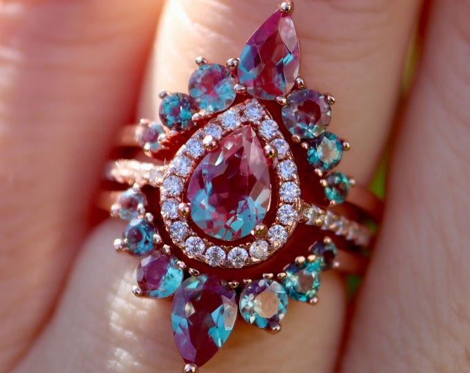 Pear Color Change Purple Teal Red Alexandrite Halo Engagement Sterling Silver 3 Ring Set
