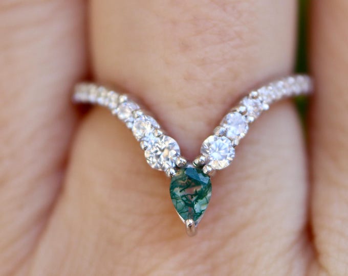 Pear Green Moss Agate with Moissanite Deep V Chevron Sterling Silver Wedding Band