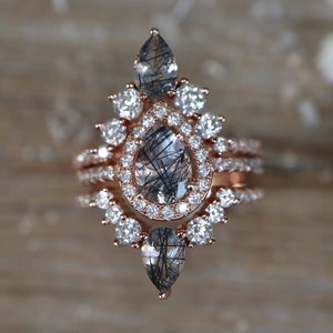 Juego de 3 anillos de compromiso de rutilo negro genuino con forma de lágrima - Anillos de compromiso de cuarzo turmalado negro con halo de pera - Regalo de aniversario de boda gótico para ella