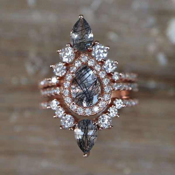 Juego de 3 anillos de compromiso de rutilo negro genuino con forma de lágrima - Anillos de compromiso de cuarzo turmalado negro con halo de pera - Regalo de aniversario de boda gótico para ella