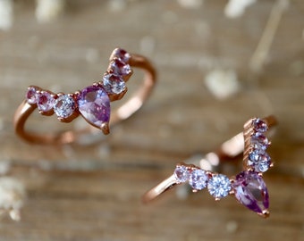 Alexandrite Curve Wedding Band- Color Change Blue Purple Pink Chevron V Silver Band- Half Circle Rose Band- December Birthstone Gold Band