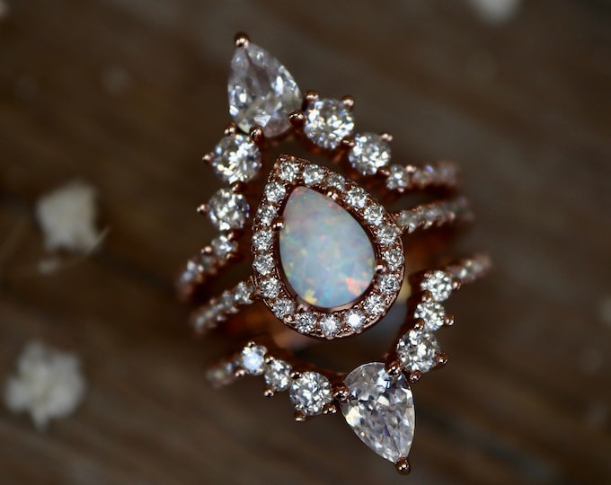 Teardrop Opal Halo Bridal 3 Rose Ring Set- Pear Rainbow Opal Engagement Silver Ring Set- October Birthstone Iridescent Ring