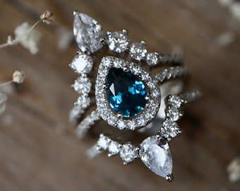 Teardrop London Blue Topaz Halo Bridal 3 Sterling Silver Ring Set-Pear Dark Blue Engagement Ring-December Birthstone Ring- Anniversary Ring