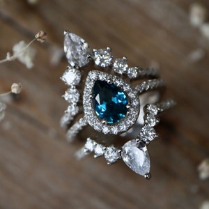 Teardrop London Blue Topaz Halo Bridal 3 Ring Set-Pear Dark Blue Engagement Ring Set-December Birthstone Ring w/2 Wedding Band