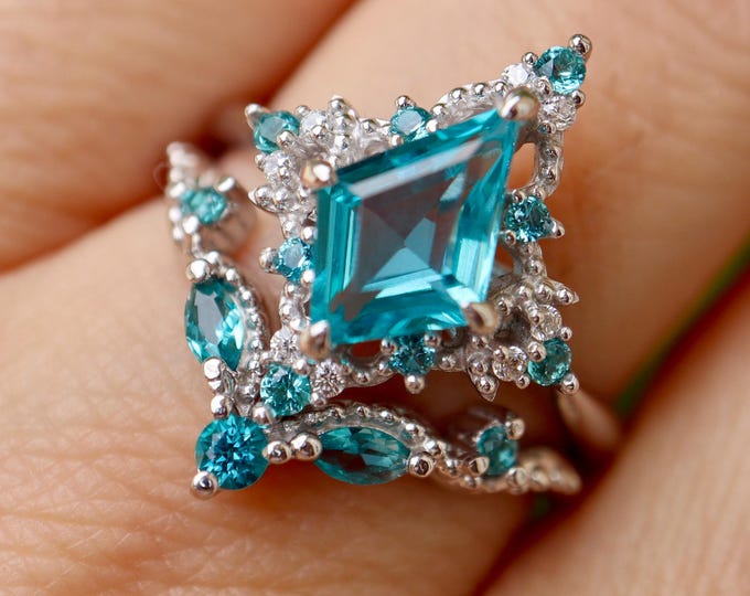 Kite Blue Topaz Halo Lace Engagement Sterling Silver Vintage 2 Rings- Marquise Light Blue Wedding Rose Gold Deco Rings- Prong Milgrain Rings