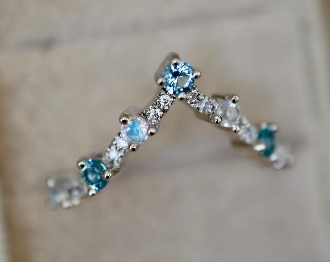 Round Blue Moonstone Topaz Deep V Chevron Sterling Silver Wedding Band