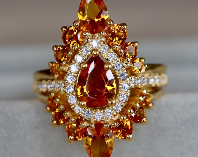 Teardrop Orange Citrine Halo Engagement Sterling Silver 3 Ring Set