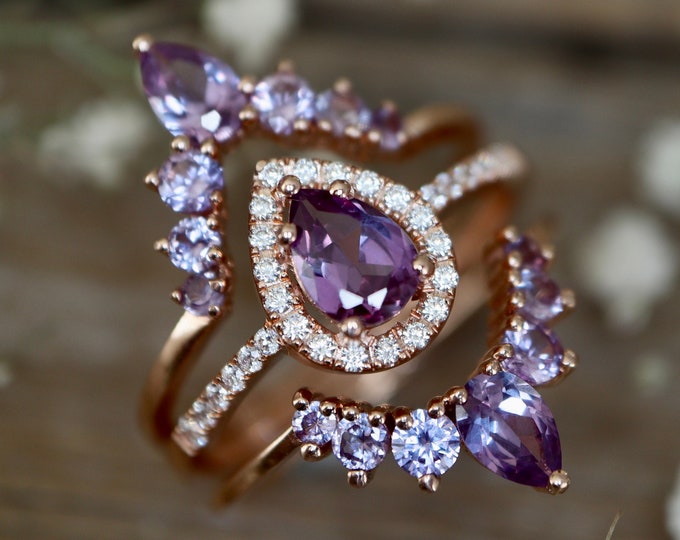 Teardrop Alexandrite Bridal Solid 14k 18k Gold 3 Ring Set-Color Change Halo Pear Ring-Blue Purple Ring w/2 Wedding Band-June Birthstone Ring