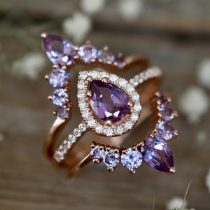 Teardrop Alexandrite Bridal 3 Sterling Silver Ring Set- Color-Change Alexandrite Pear Ring-Blue Purple Halo Bridal Ring w/2 Wedding Band