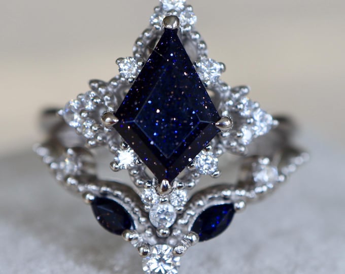 Kite Blue Sandstone Celestial Halo Engagement Sterling Silver Vintage Ring with Wedding Band