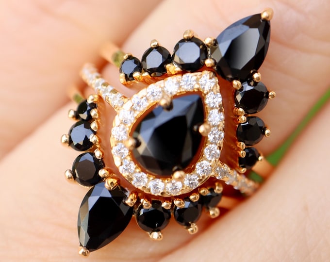 Teardrop Halo Black Onyx 3 Ring Set in Solid 14k 18k Gold