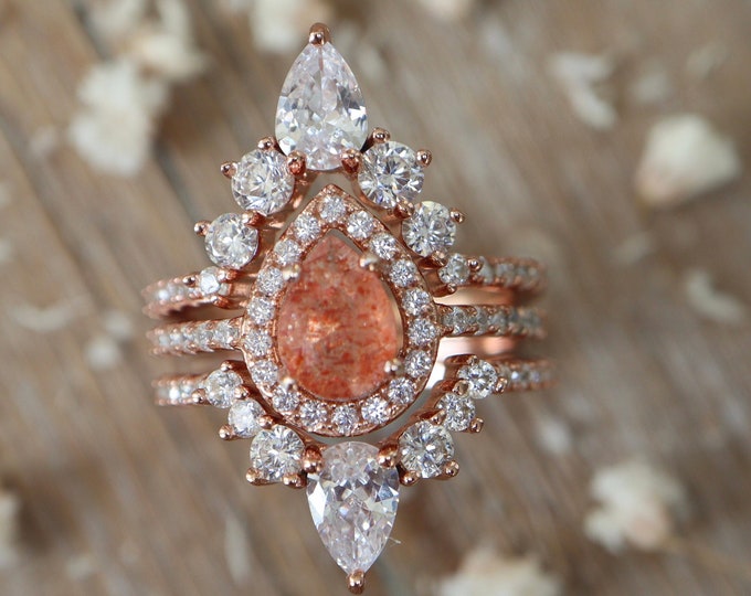 Teardrop Sunstone Halo Bridal 3 Rings- Pear Genuine Sunstone Engagement Ring- Natural Sunstone Ring w/2 Wedding Band-14k !8k Rose White Gold
