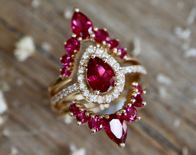 Teardrop Red Ruby Bridal 3 Ring Set- 14k Solid Rose White Yellow Gold Pear Red Gemstone Halo Ring-Pink Red Engagement Ring w/ 2 Wedding Band