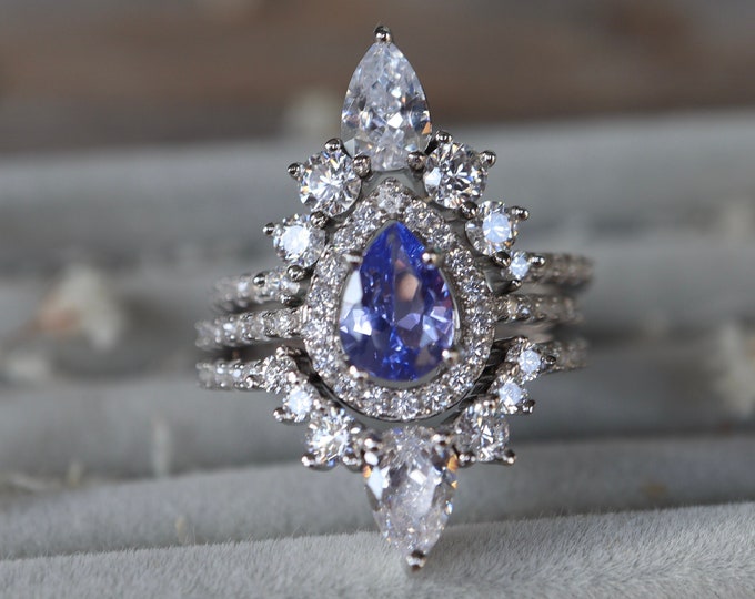 Blue Tanzanite Teardrop Engagement Silver Ring Set- Tanzanite Halo Pear Bridal 3 Rose Gold Rings -December Birthstone Ring