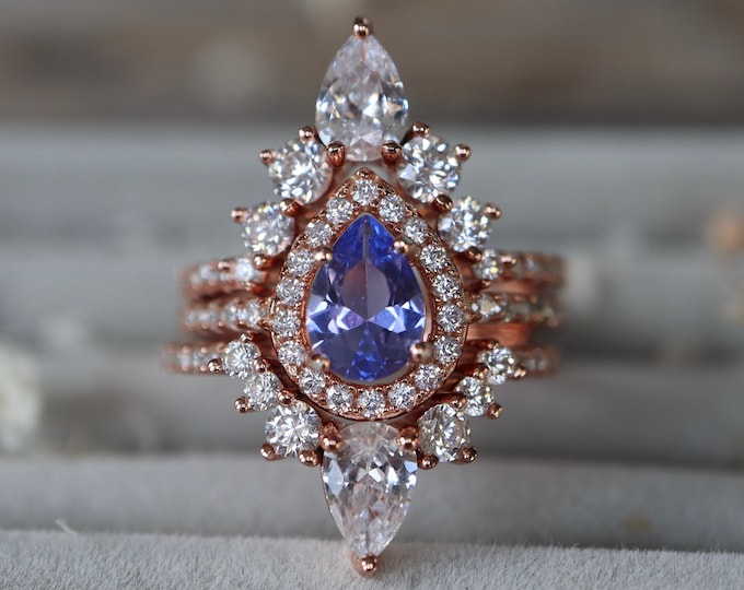Blue Tanzanite Teardrop Engagement Silver Ring Set- Tanzanite Halo Pear Bridal 3 Rose Gold Rings -December Birthstone Ring- Ship Next Day