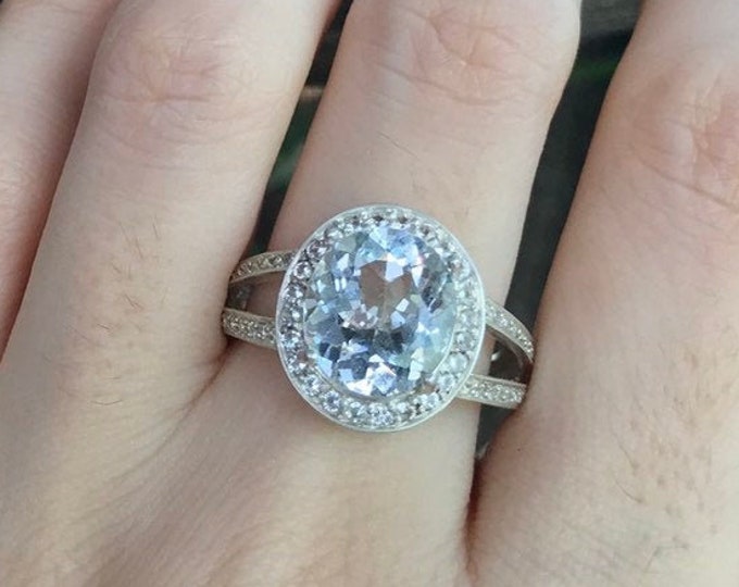 Genuine White Topaz Oval Split Engagement Ring- Large Alternative Diamond Halo Silver Ring-Double Band Promise Ring-Colorless Solitaire Ring