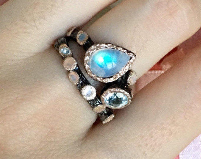 Pear Genuine Cabochon Moonstone Ring with Opal Wedding Band- Nature Inspired Rustic Gothic Black 2 Ring Set - June October Birthstone Rings