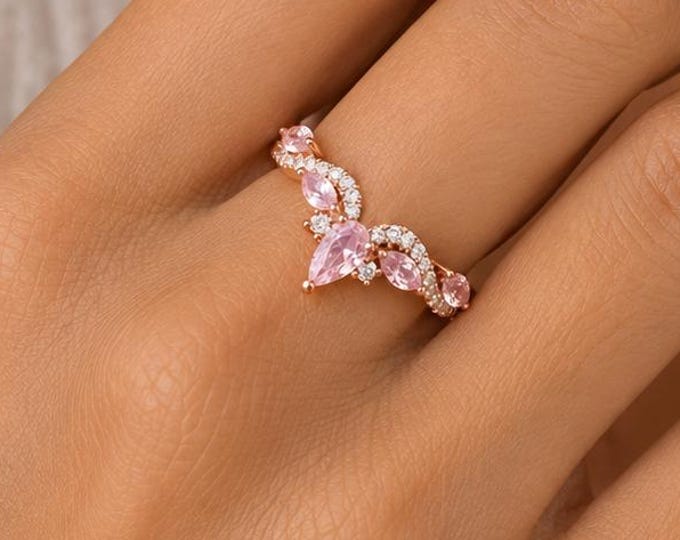 Marquise Pink Morganite and Moissanite Sterling Silver Deco Wedding Band