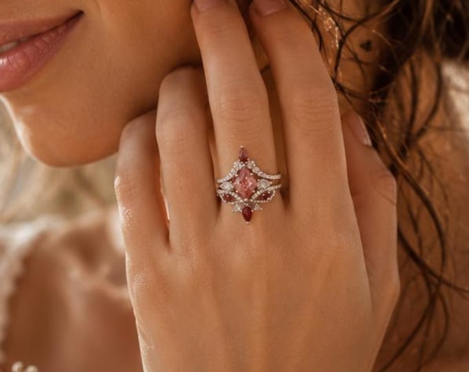 Kite Genuine Orange Sunstone with Gold Sandstone Sterling Silver 3 Ring Set