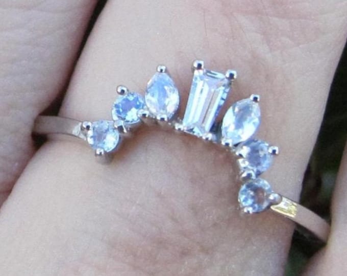 Genuine Moonstone Wedding Band- Deco Rainbow Moonstone Curve Band- Contour Blue Moonstone Half Eternity Band- Stackable Woman Wedding Band