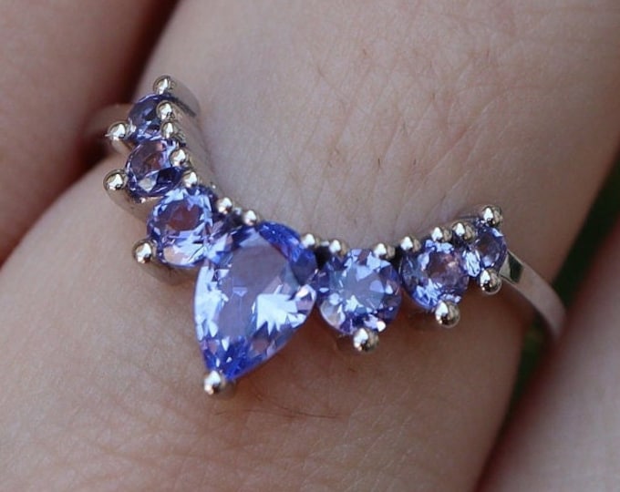 Tanzanite Curve Wedding Silver Band- Blue Purple Nesting Rose Band- Violet December Birthstone Chevron Band-Half Circle Band