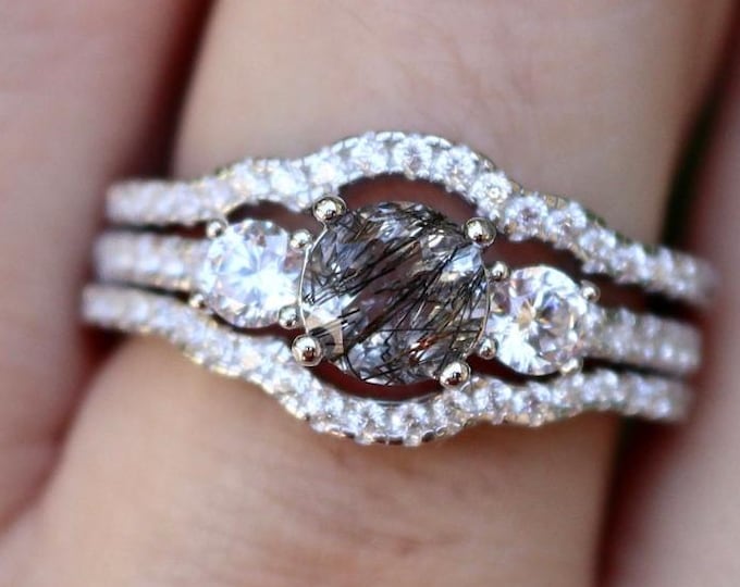Black Salt Pepper Diamond Three Stone Bridal Ring Set- Round Black Tourmalated Rose Gold Three Rings- Genuine Black Quartz Promise Ring