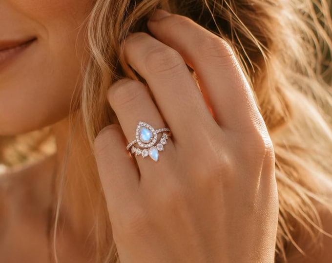 Teardrop Genuine Moonstone Halo Engagement 2 Ring Set Solid 14k 18k Gold