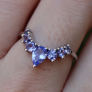 Tanzanite Curve Wedding Solid Real 10k 14k 18k Gold Band- Blue Purple White Rose Band- Violet December Birthstone Chevron V Half Circle Band