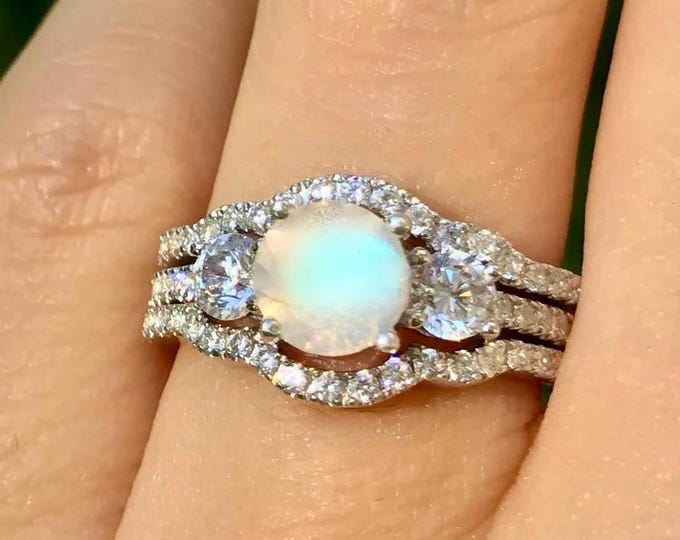 Genuine Round Moonstone Three Stone Bridal Ring Set in Sterling Silver or Rose Gold