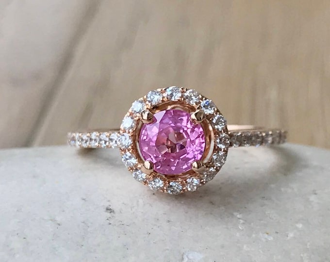 Certified Round 1.03ct Pink Sapphire Solid Gold Engagement Ring- Genuine Sapphire Halo Diamond Promise Ring- Natural Pink Sapphire Ring