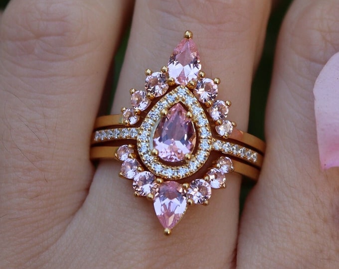 Teardrop Pink Morganite Bridal 3 Sterling Silver Ring Set-Pear Morganite Wedding Rings- Halo Engagement Ring w/2 Wedding Band- Pink Ring Set