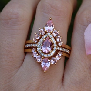 Teardrop Pink Morganite Halo Bridal 3 Set- Pear Morganite Wedding Ring For Her- Gemstone Engagement Ring w/2 Wedding Band- Pink Ring Set