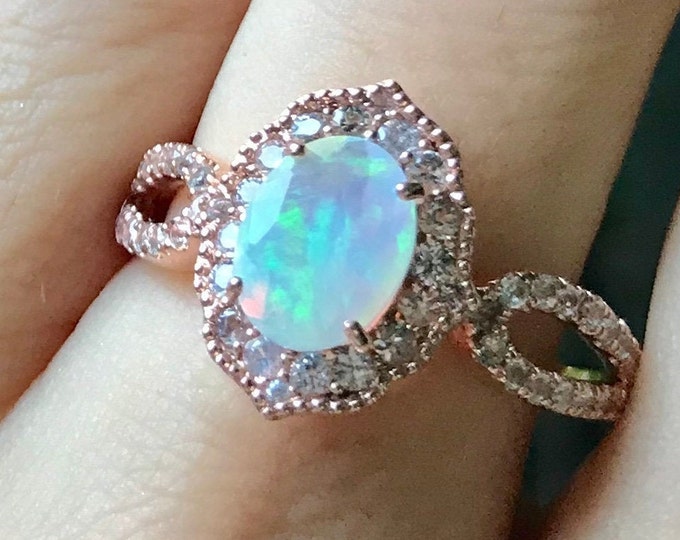 1.50ct Genuine Opal Halo Vintage Ring- Natural Oval Opal Scallop Split Shank Ring- Opal White Sapphire Promise Ring, October Birthstone Ring