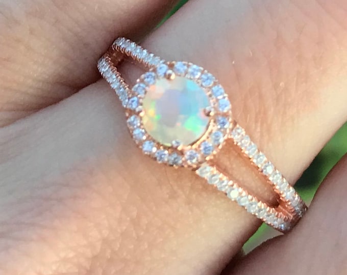 Round Genuine Rainbow Opal Split Shank Halo Engagement Sterling Silver Ring