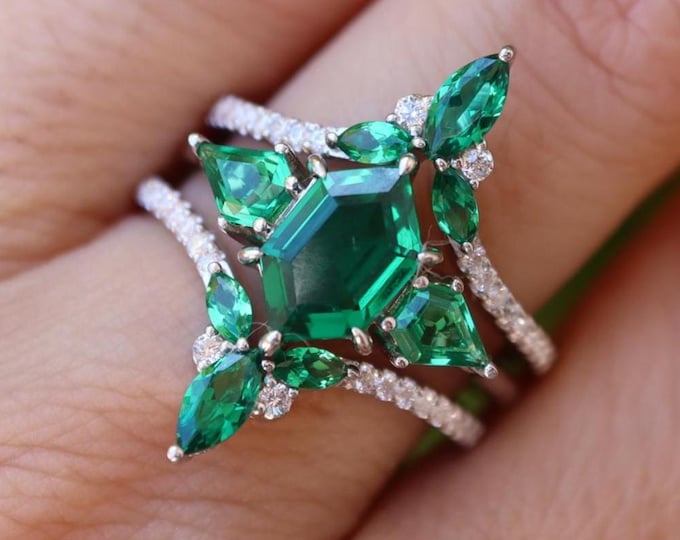 Hexagon Green Emerald Prong Bridal Ring