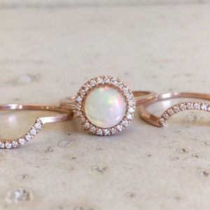 Round Opal Diamond Engagement Ring Set- Opal Halo Round Ring Set- Genuine Natural Opal Bridal 3 Ring Set- Fire Opal Halo Wedding Ring Set