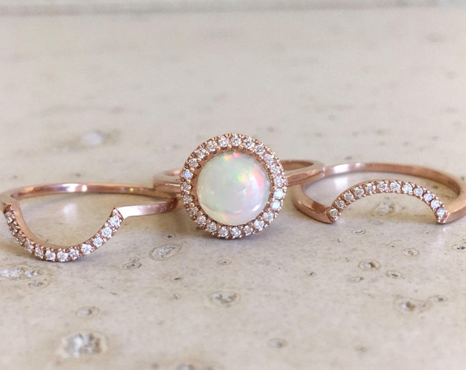 Round Opal Diamond Engagement Ring Set- Opal Halo Round Ring Set- Genuine Natural Opal Bridal 3 Ring Set- Fire Opal Halo Wedding Ring Set