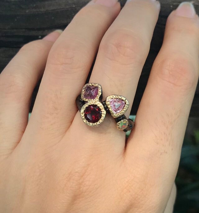 Pink Tourmaline Garnet Opal Cluster Gemstone Statement Ring- Multistone ...