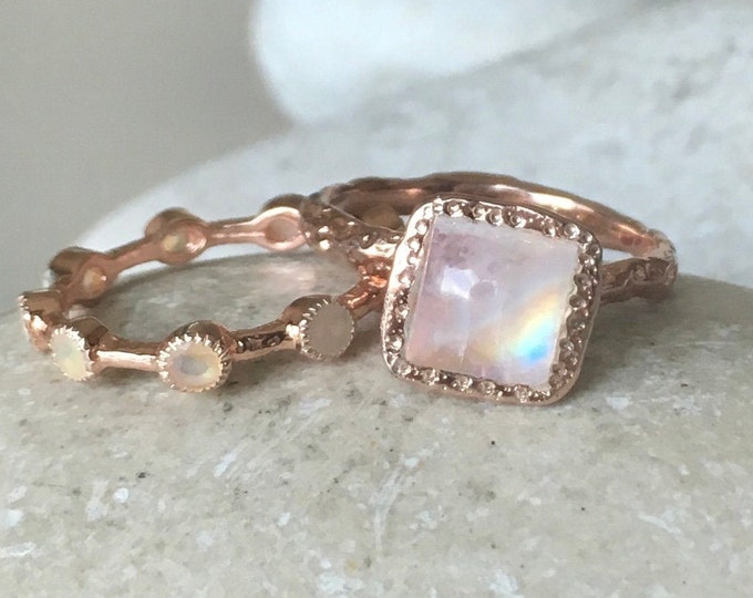 Princess Genuine Moonstone Opal Bridal 2 Ring Set- Square Moonstone Engagement Ring w/Opal Band- Hammered Moonstone Opal Wedding Rings