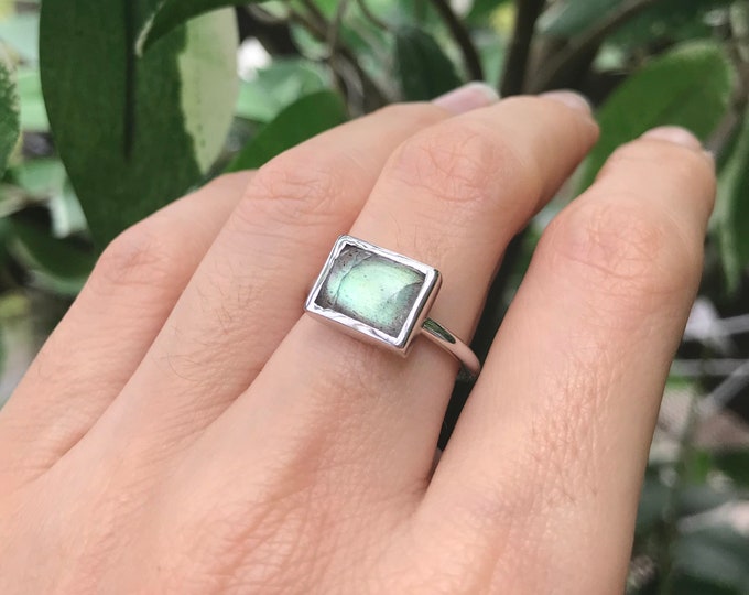 Rectangle Labradorite Boho Sterling Silver Vertical Horizontal Smooth Gemstone Bohemian Ring- Minimal Gypsy Simple Labradorite Jewelry