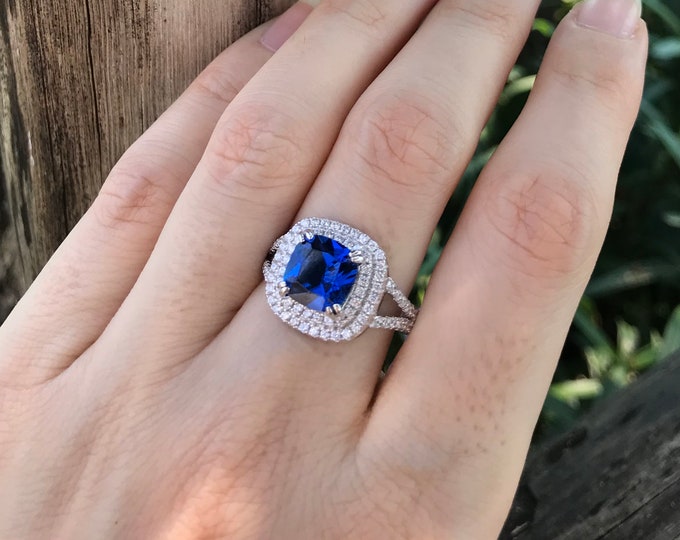 Cushion Blue Sapphire Women Engagement Ring- 2.70ct Blue Sapphire Square Halo Promise Ring for Her-Split Shank Solitaire Anniversary Ring
