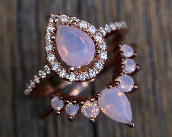 Teardrop Opal Bridal Ring Set- Pear Pink Opal Engagement 2 Ring Set- Fire Opal Iridescent Halo Ring w/ Wedding Band