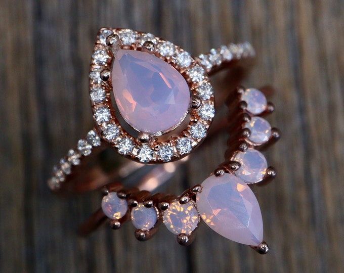 Teardrop Opal Bridal Ring Set- Pear Pink Opal Engagement 2 Ring Set- Fire Opal Iridescent Halo Ring w/ Wedding Band